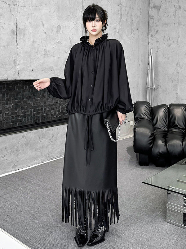 Long Sleeves Loose Drawstring Pleated Pullover Design Solid Color Lace Collar Blouses&Shirts Tops