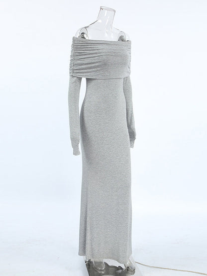 Robe de soirée longue à manches longues, plissée, moulante, couleur unie, fendue, épaules dénudées 