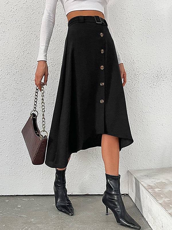A-line High Waisted Buckle Buttoned Solid Color Skirts Bottoms