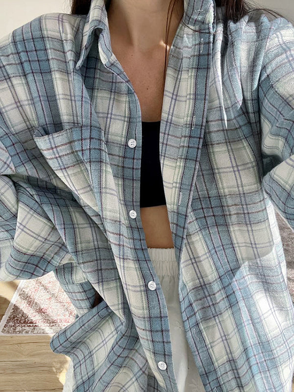 Chemisiers et chemises à manches longues, amples, boutonnés, à carreaux, avec poches et revers, hauts d'extérieur 