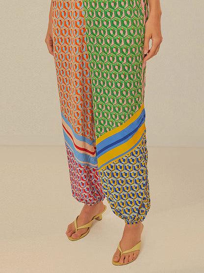 Multi-Color Patchwork Long-Sleeved Lapel Shirt Top + Baggy Pants Pocket Casual Pants Two-Piece Set