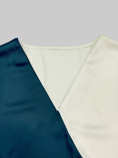 Long Sleeves Loose Color-Block Contrast Color Drawstring Elasticity V-Neck Blouses&Shirts Tops