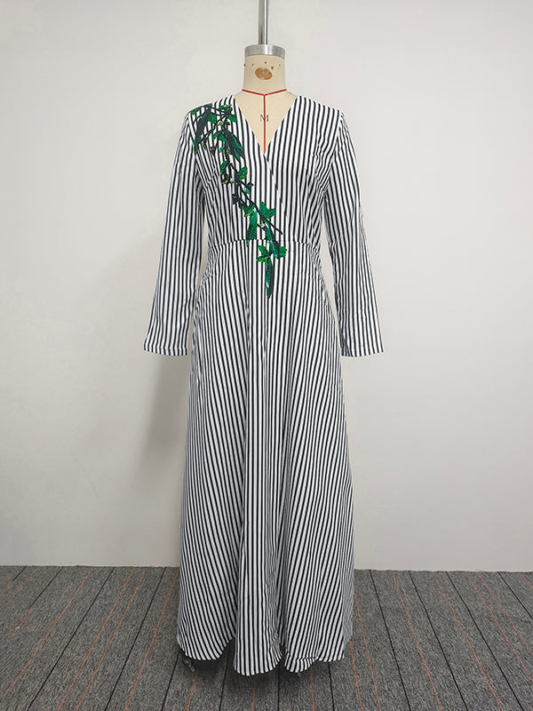 A-Line Loose Asymmetric Split-Joint Striped V-Neck Maxi Dresses Shirt Dress