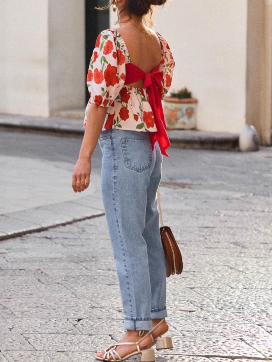 Loose Short Sleeves Backless Bow-Embellished Contrast Color Flower Print Pleated Split-Joint Square-Neck Blouses&Shirts Tops