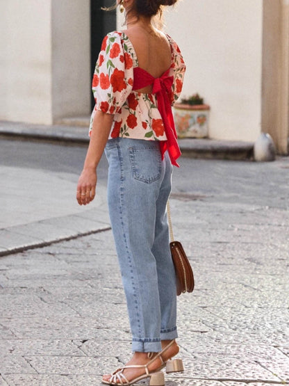 Loose Short Sleeves Backless Bow-Embellished Contrast Color Flower Print Pleated Split-Joint Square-Neck Blouses&Shirts Tops