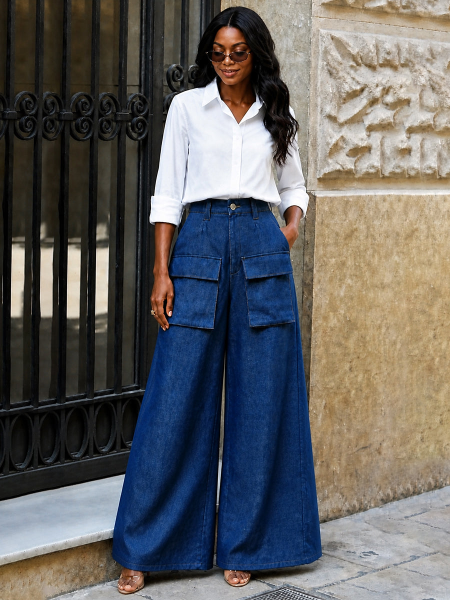 Zipper Solid Color Pockets Buttoned Wide Leg High Waisted Trousers Pants