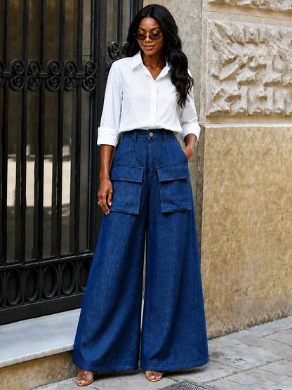 Zipper Solid Color Pockets Buttoned Wide Leg High Waisted Trousers Pants