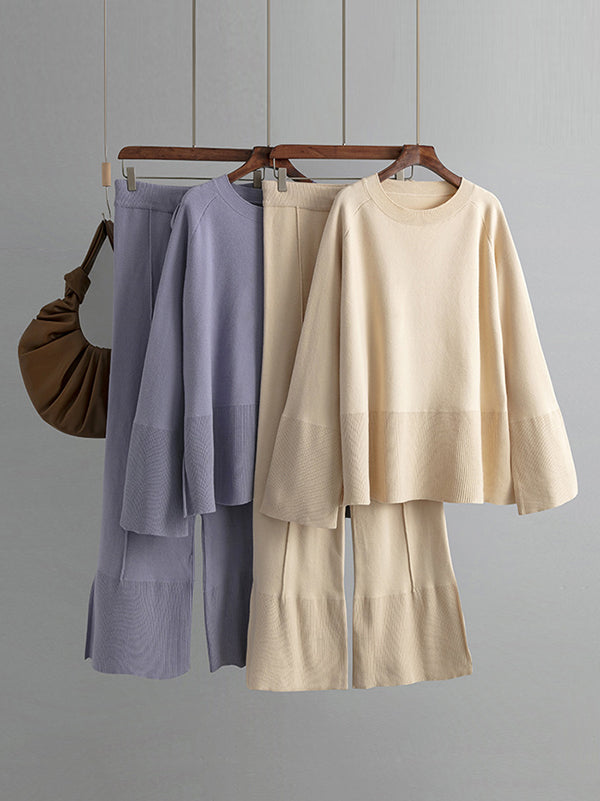 Casual Long Sleeves Loose Solid Color Round-Neck Sweater Tops & Wide Leg Pants Two Pieces Set