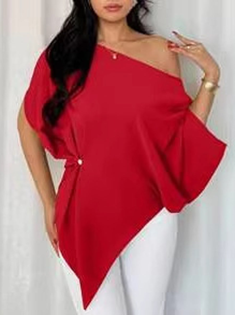 Batwing Sleeves Loose Asymmetric Pleated Solid Color One-Shoulder T-Shirts Tops