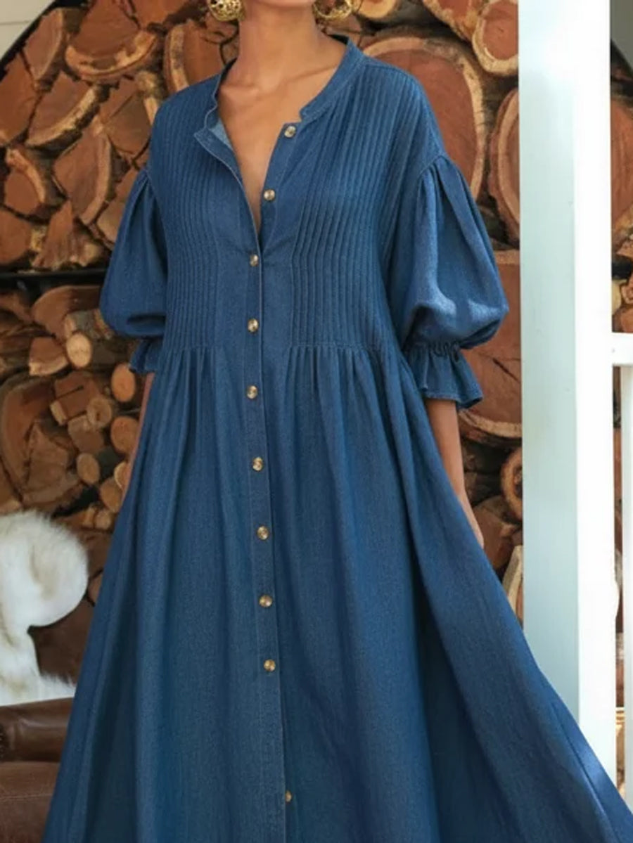 Loose Ruffle Sleeves Buttoned Pleated Solid Color Split-Joint Round-Neck Maxi Dresses