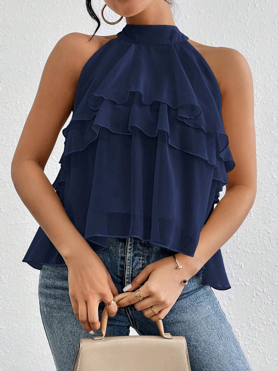 Sleeveless Hollow Ruffle Trim Solid Color Split-Joint Halter-Neck Tank Top