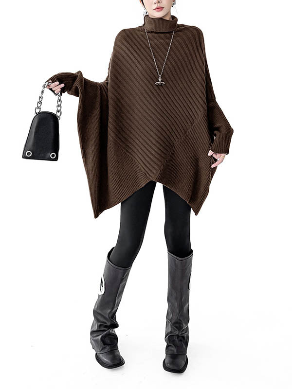 Batwing Sleeves Irregularity Asymmetric Ribbed Knit Solid Color Split-Joint High Neck Sweater Tops