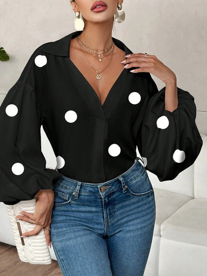 Long Sleeves Loose Contrast Color Pleated Polka Dot Split-Joint Lapel Blouses&Shirts Tops