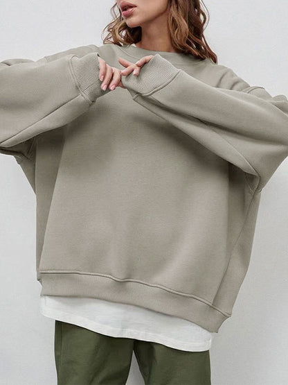 Long Sleeves Loose Solid Color Round-Neck Sweatshirt Tops LIGHT GRAY