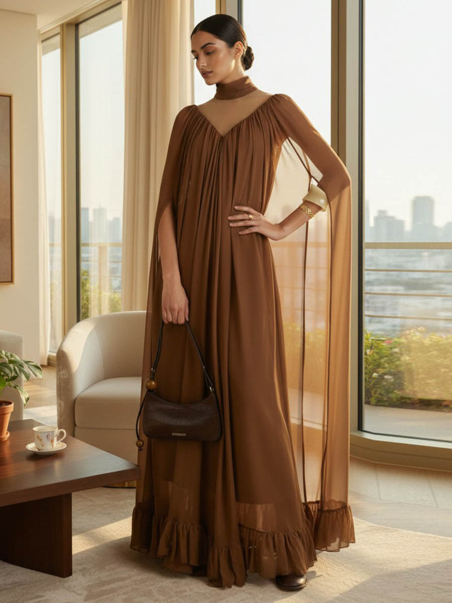 Cape Irregularity Layered Pleated Ruffled See-Through Solid Color Split-Joint High Neck Maxi Dresses