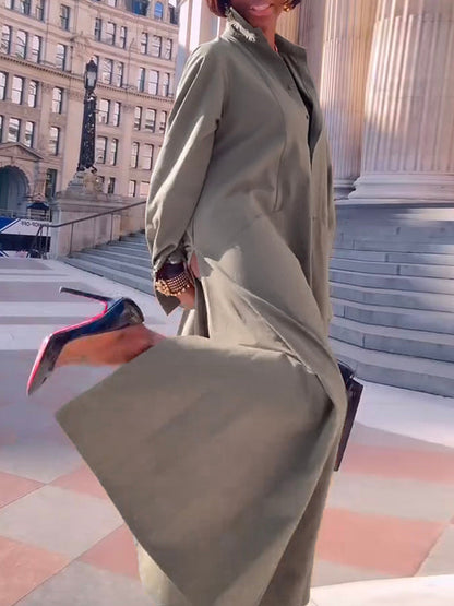 Long Sleeves Loose Solid Color Split-Joint Split-Side Lapel Maxi Dresses Shirt Dress