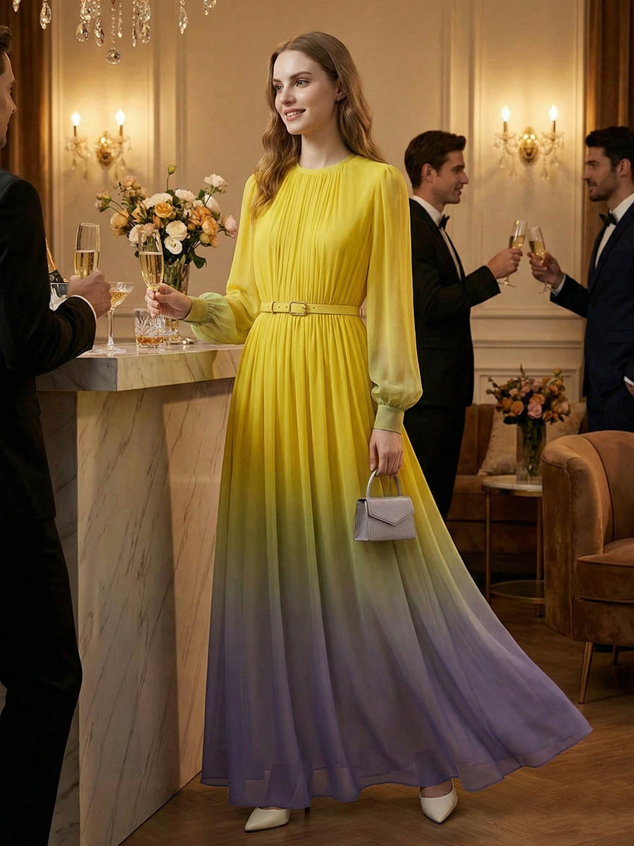 High Waisted Long Sleeves Belted Contrast Color Gradient Pleated Split-Joint Round-Neck Maxi Dresses