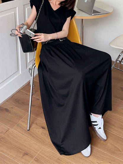 A-Line High Waisted Belted Pleated Solid Color Skirts Bottoms