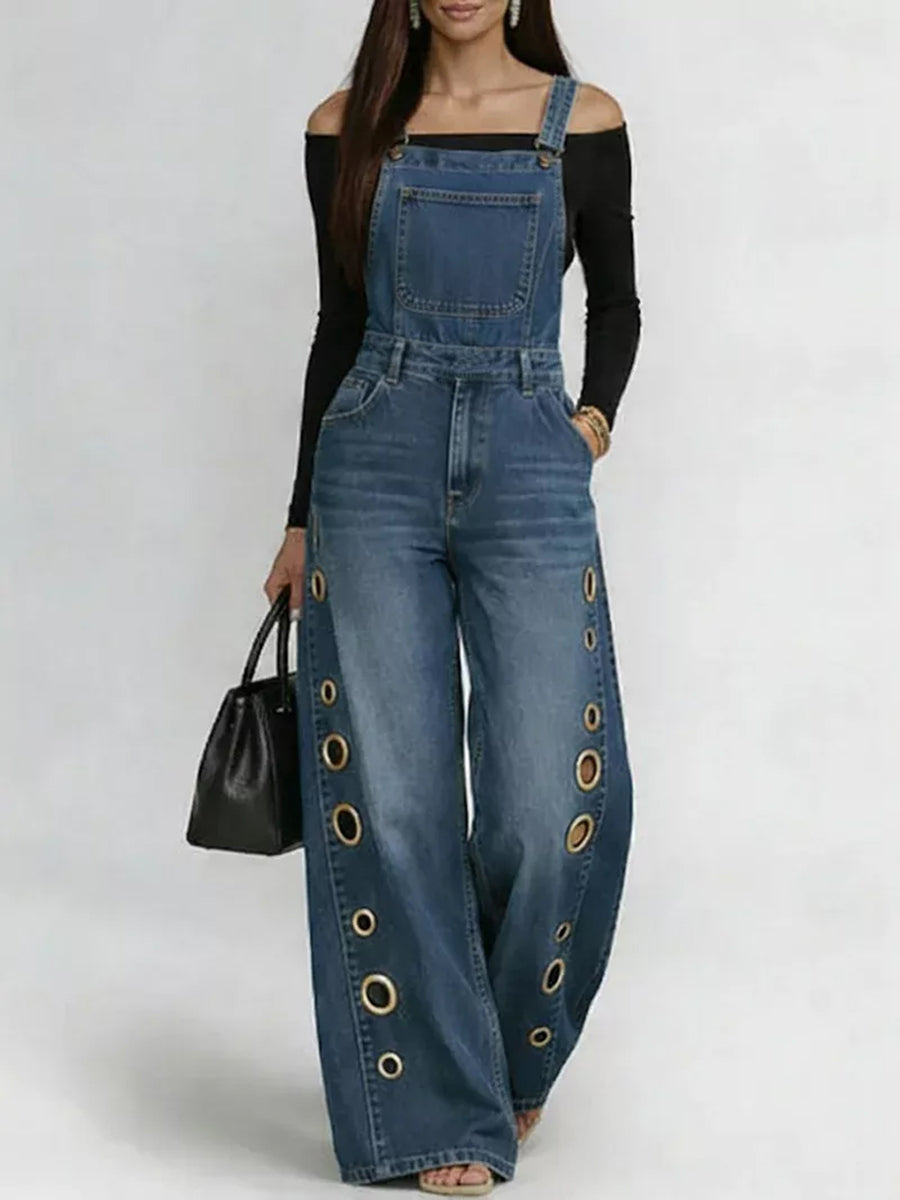 High Waisted Loose Buckle Hollow Pockets Solid Color Split-Joint Adjustable Straps Overalls
