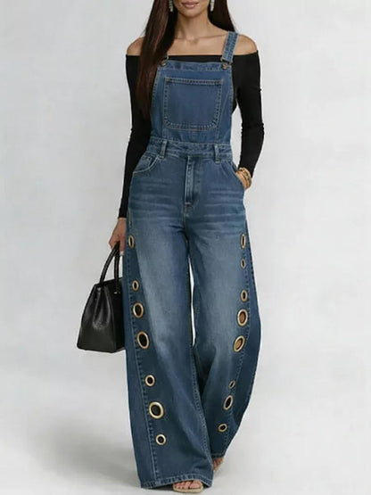 High Waisted Loose Buckle Hollow Pockets Solid Color Split-Joint Adjustable Straps Overalls