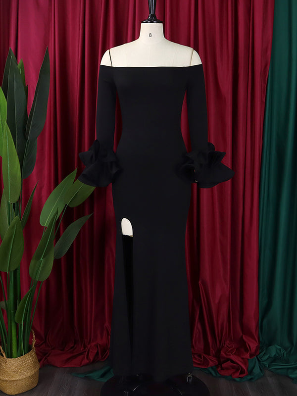 Bodycon Flared Sleeves Falbala Solid Color Split-side Off-the-shoulder Maxi Dresses
