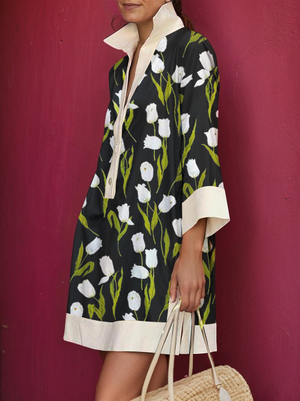 A-Linien-Minikleid mit lockerem Knopf und Blumendruck und Stehkragen 