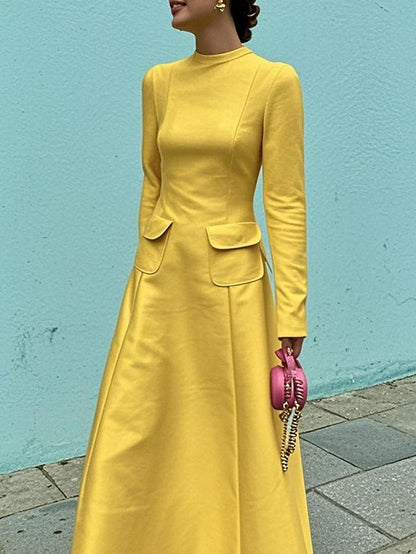 A-Line Long Sleeves Pockets Solid Color Mock Neck Maxi Dresses