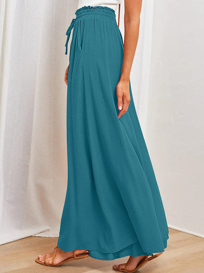 High Waisted Loose Drawstring Elasticity Pleated Pockets Solid Color Pants Trousers