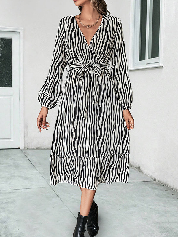 High Waisted Long Sleeves Tied Waist Zebra-Stripe V-Neck Midi Dresses