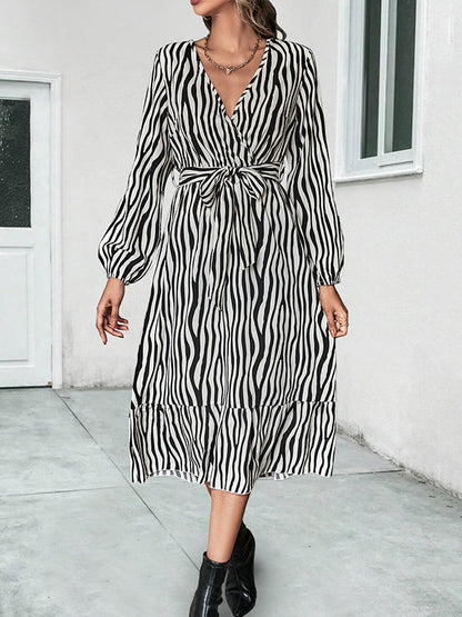 High Waisted Long Sleeves Tied Waist Zebra-Stripe V-Neck Midi Dresses