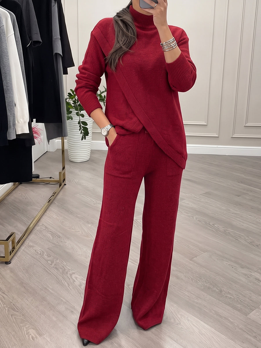 Solid Color Ribbed Knit Stand Collar Long Sleeves Asymmetric Sweater Tops + Wide Leg Trousers Pants Two Pieces Set