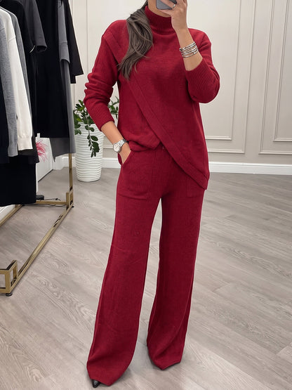 Solid Color Ribbed Knit Stand Collar Long Sleeves Asymmetric Sweater Tops + Wide Leg Trousers Pants Two Pieces Set