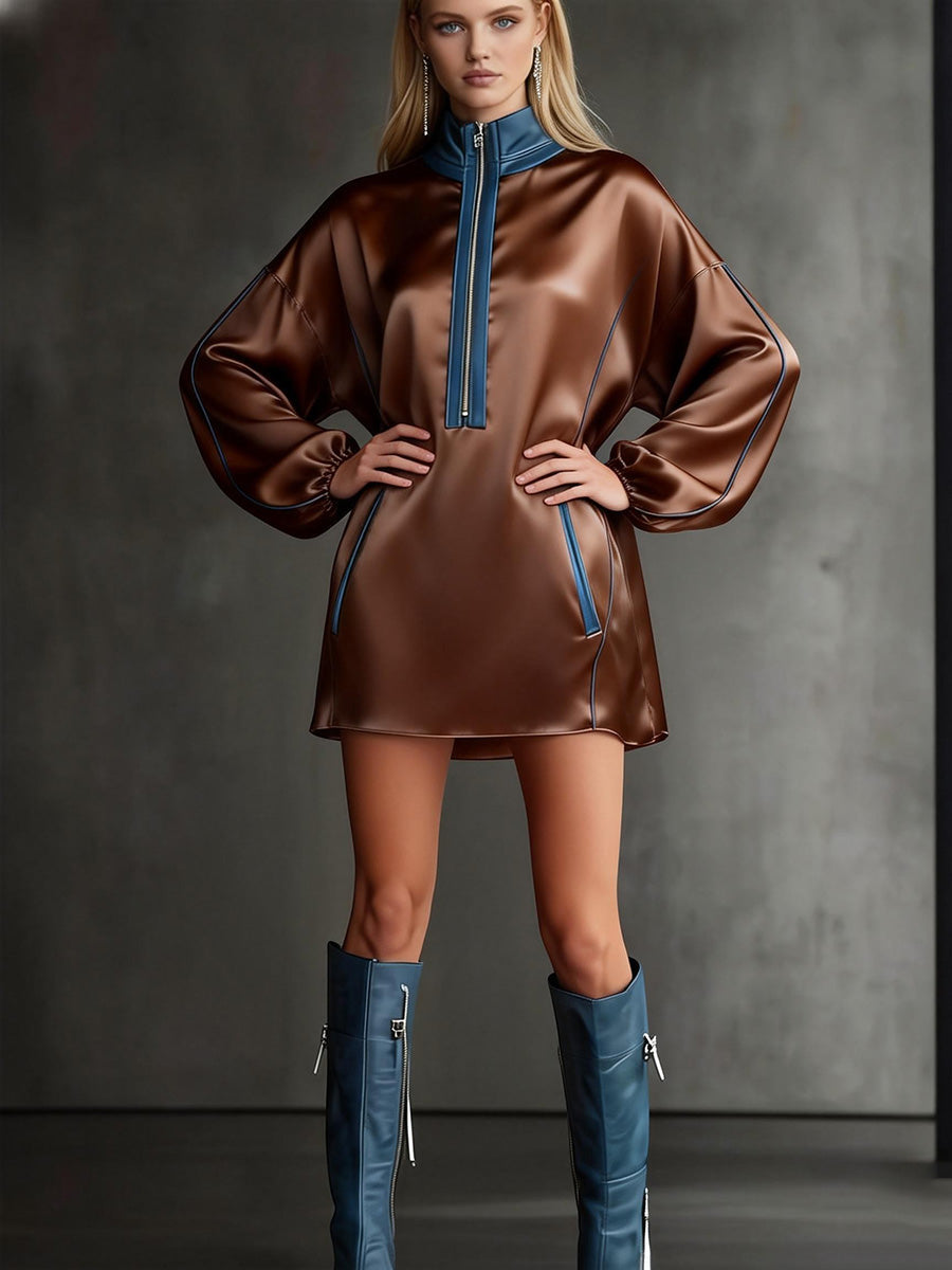 Long Sleeves Loose Contrast Color Pockets Split-Joint Zipper Half Turtleneck Mini Dresses