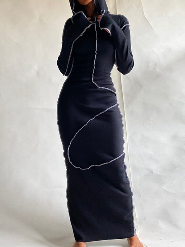 Robe longue fendue à capuche et manches longues, grande taille, couleur unie 