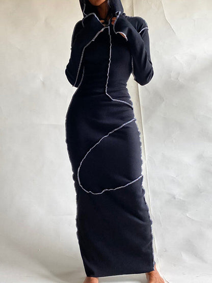 Robe longue fendue à capuche et manches longues, grande taille, couleur unie 