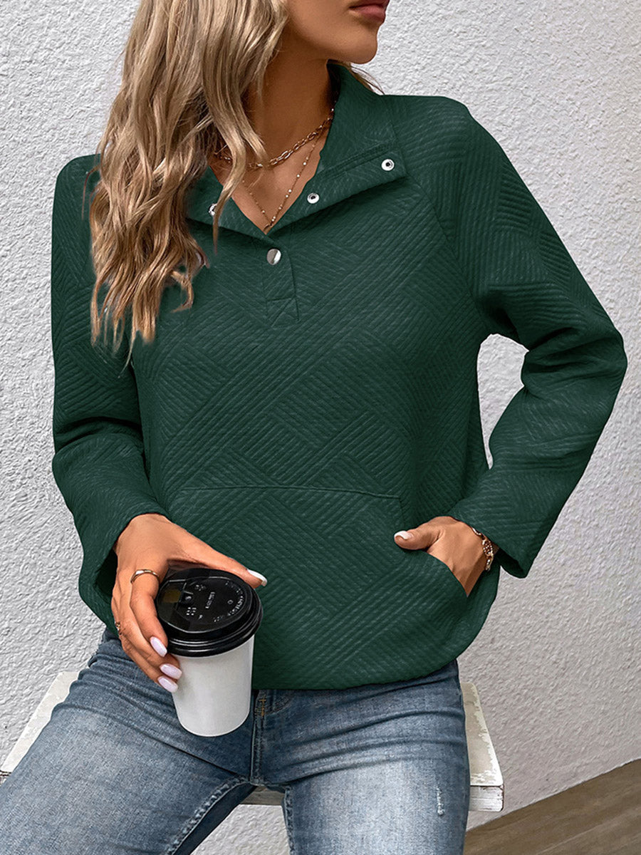Textured Split-Joint Solid Color Pockets Buttoned Loose Long Sleeves Polo Sweatshirt Tops