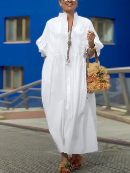 Half Sleeves Loose Buttoned Pleated Solid Color Tied Waist Stand Collar Maxi Dresses