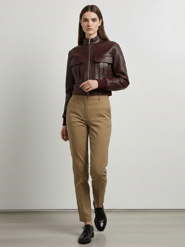 Long Sleeves Pockets Zipper High Neck Jackets Outerwear