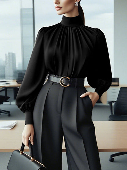 Puff Sleeves Pleated Solid Color Split-Joint High Neck Blouses&Shirts Tops