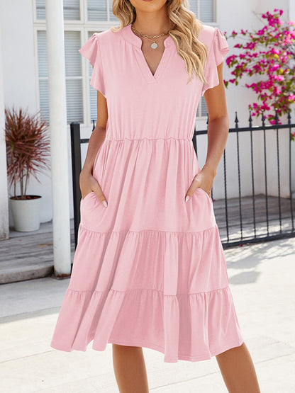 Loose Ruffle Sleeves Pleated Pockets Solid Color Split-Joint V-Neck Midi Dresses