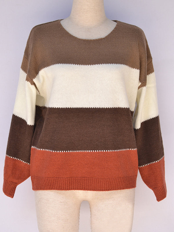 Long Sleeves Loose Contrast Color Split-Joint Striped Round-Neck Pullovers Sweater Tops KHAKI