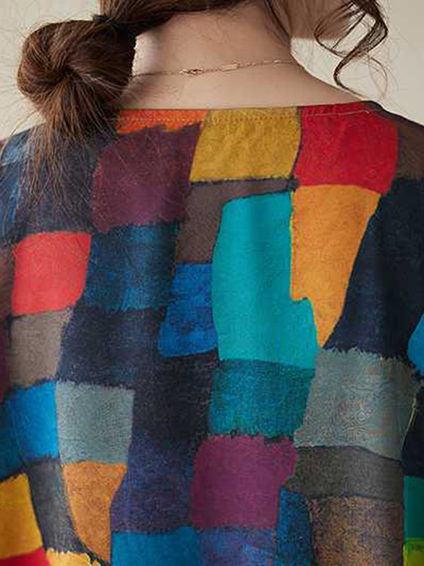 Lockere ärmellose, mehrfarbige, karierte Midikleider mit Rundhalsausschnitt in Kontrastfarbe 