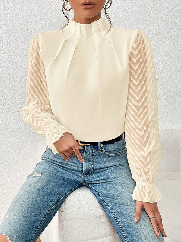 Long Sleeves Loose Elasticity Mesh Pleated Solid Color Mock Neck Blouses&Shirts Tops