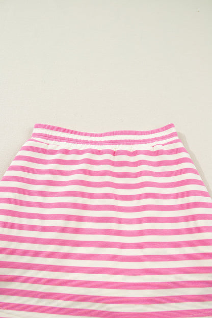 Dark Blue Textured Stripe Print Contrast Trim Zip Collar Sleeveless 2pcs Skort Set