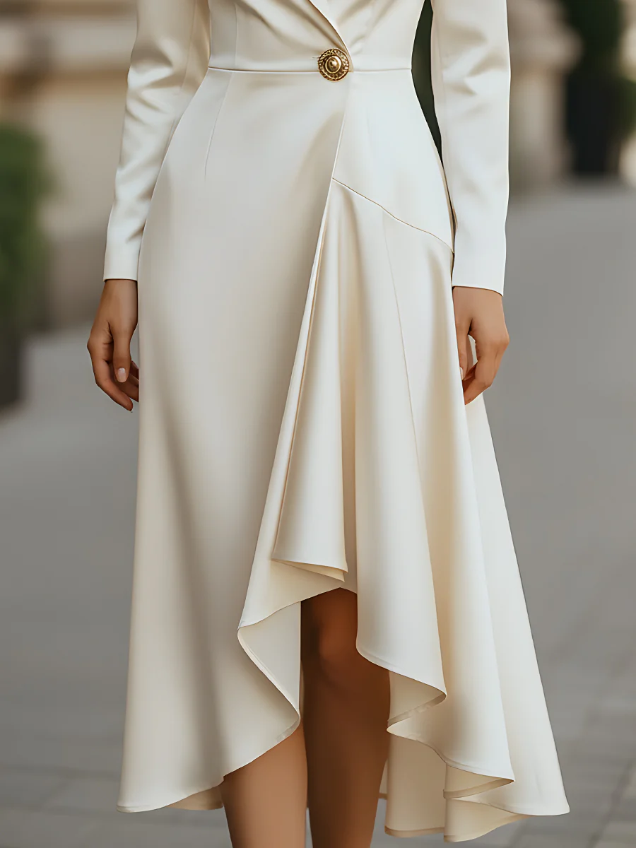 High Waisted High-Low Buttoned Solid Color Split-Joint Notched Collar Midi Dresses
