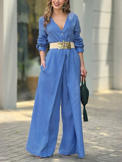 High Waisted Long Sleeves Buttoned Pockets Solid Color V-Neck Jumpsuits