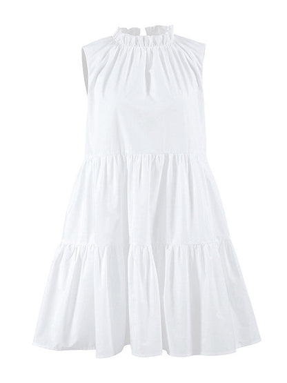 A-Line Loose Pleated Ruffled Solid Color Split-Joint Round-Neck Mini Dresses Shirt Dress