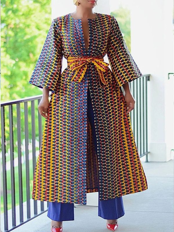 Long Sleeves Loose Contrast Color Tied Round-Neck Outerwear