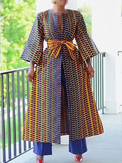 Long Sleeves Loose Contrast Color Tied Round-Neck Outerwear