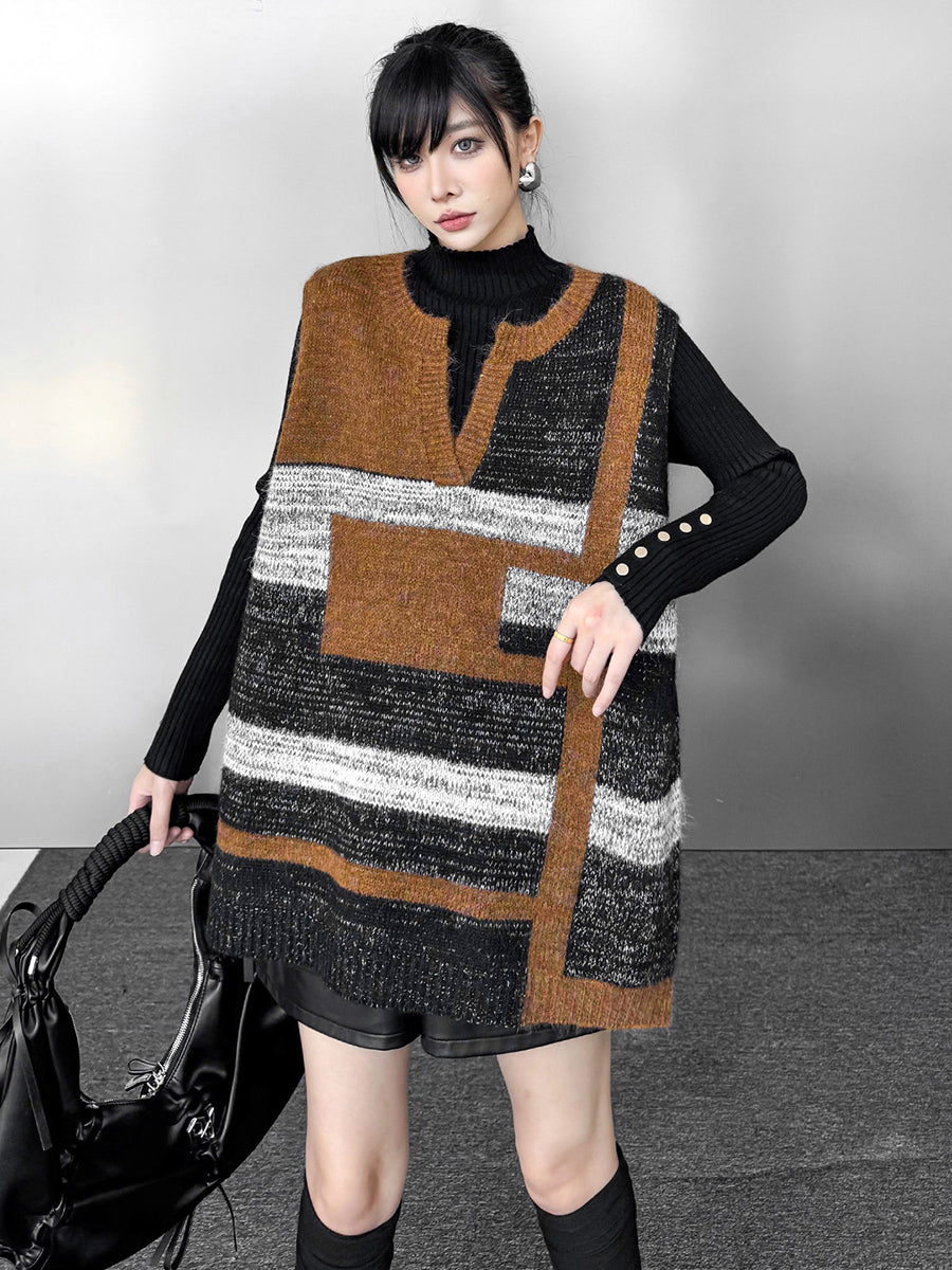 Loose Sleeveless Contrast Color Geometric Split-Joint Striped V-Neck Outerwear Vest Top
